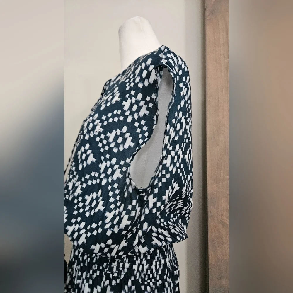 RubyYaya Beaded Boho Maxi Dress Blue White Geometric Print Size M - Picture 11 of 16